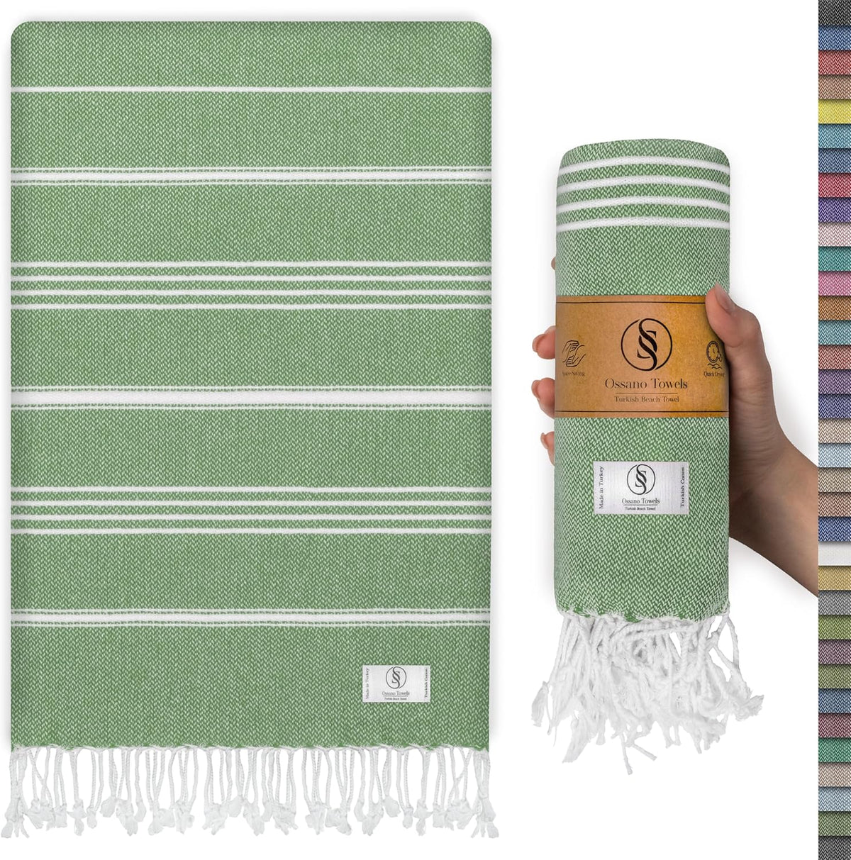 Ossano Turkish Beach Towel - Absorbent & Quick-Dry Oversized (39" x 71") | Versatile Yoga Mat, Picnic, Travel & Bath Towel - Green