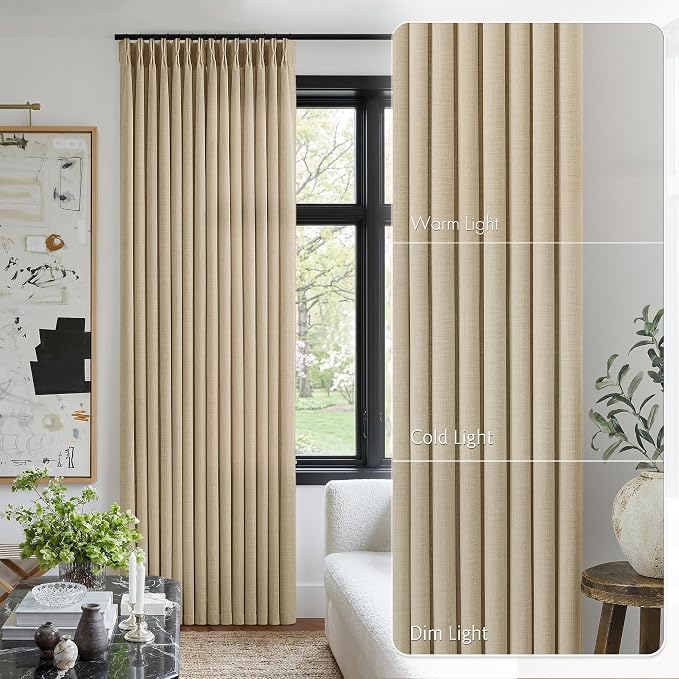 Tan Beige Pinch Pleated Linen Curtains 84 Inches Long