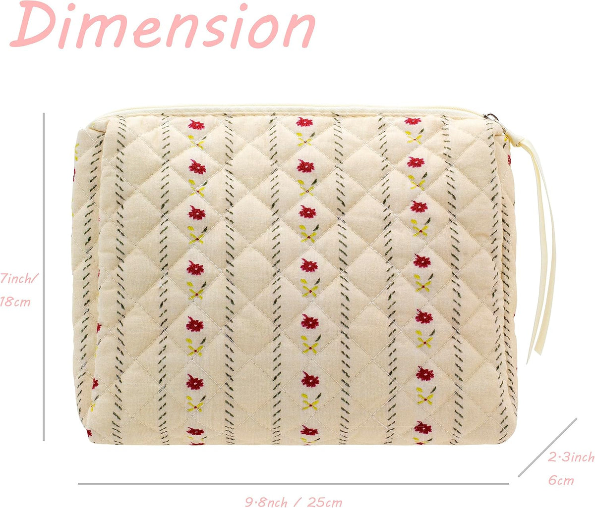 Quilted Makeup Pouch for Women, Travel Cosmetic&Toiletry Bag,Flower Beige