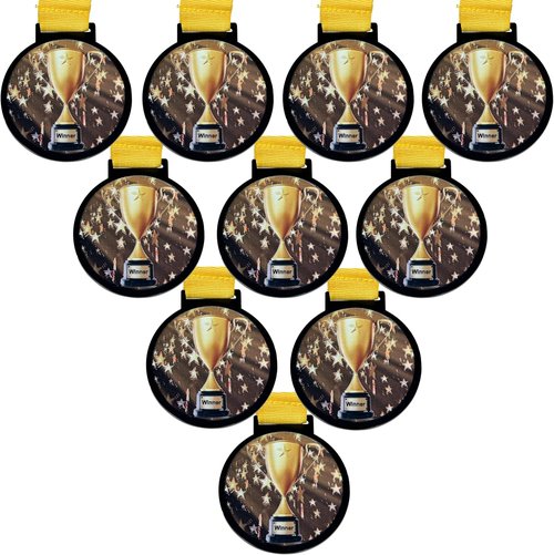 Champion Trophy Cups - 10 Pack of 2.25 Inch Winner Medals with Neck Ribbons | Black & Gold