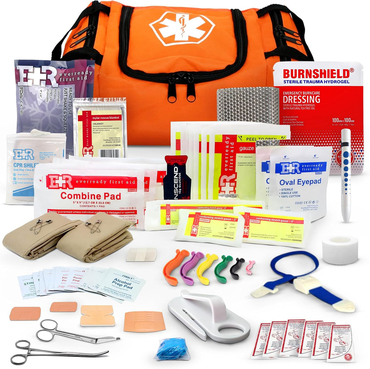 Fully Stocked Trauma First Aid Kit – First Responder II Bag with Tools, Gauze, Bandages, Scissors & Gloves – Compact & Portable – OSHA and ANSI Compliant – Orange