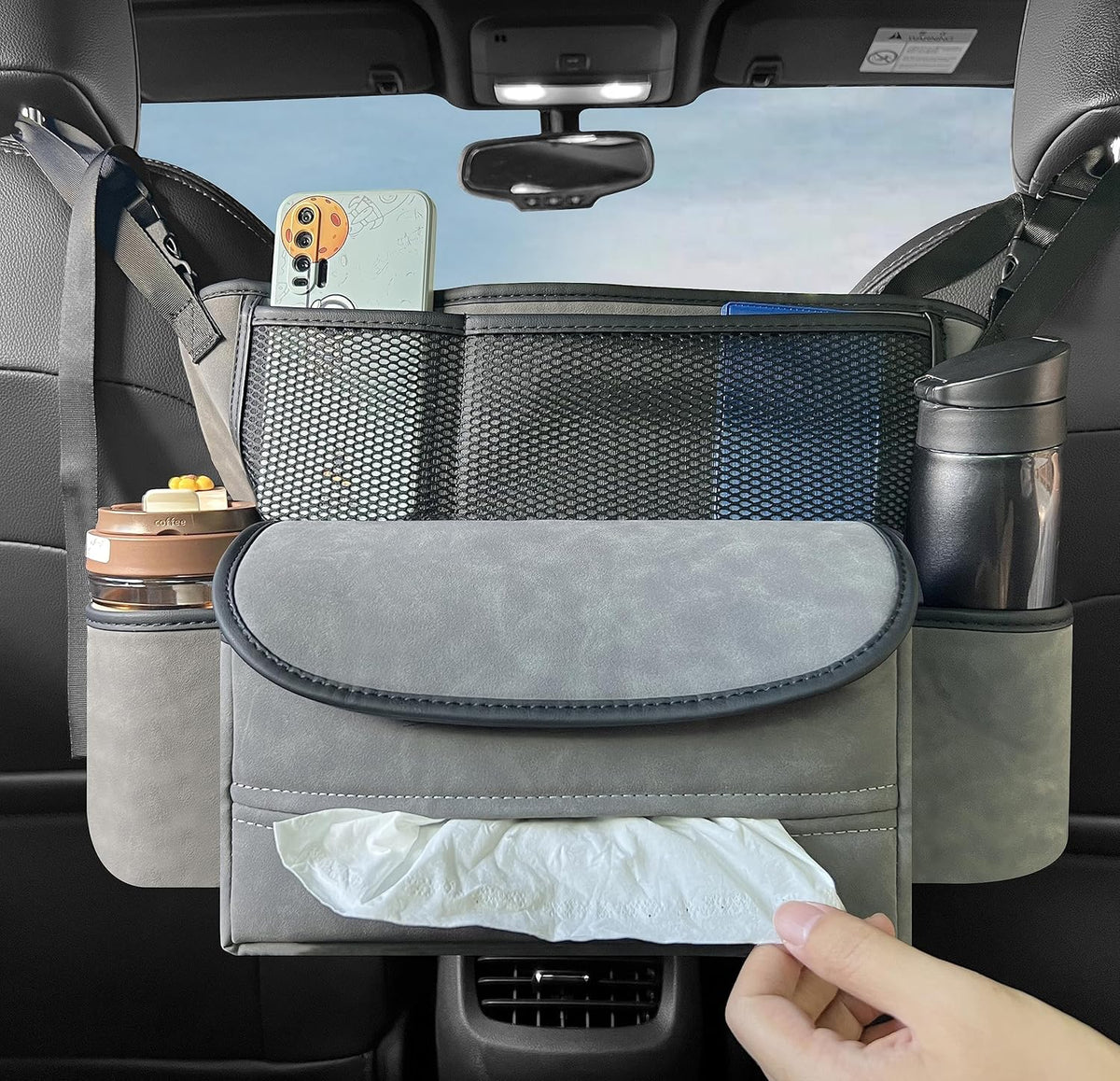 JEYODA Car Suede Seat Organizer High-capacity Seat Back Pouch Central Storage for Pickup SUVs Double-sided Tissue Storage Handbag Holder Car Accessories (Black)