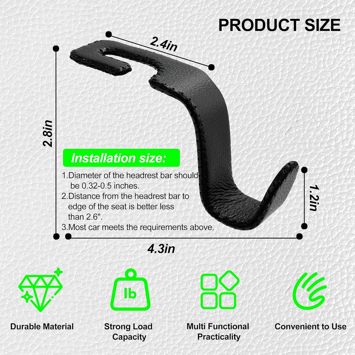 Car Seat Headrest Hook Heavy Duty 55lb Metal Hanger with Leather for Bags