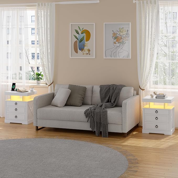HNEBC Night Stand Set 2 with Gun Drawers, Farmhouse Nightstand with Charging Station, Secret Bedside tabel with 3 Color Auto Light, Smart End Table with Hidden Storage for Bedroom Furniture-White