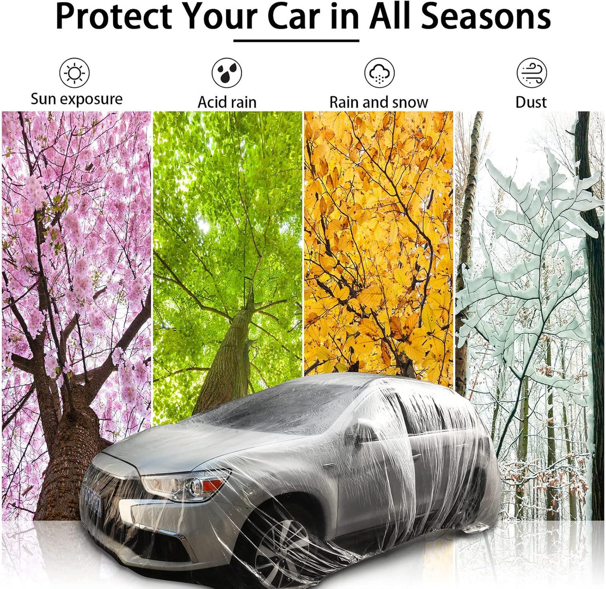 Tallew 4 Pcs Universal Plastic Car Cover 12. 5 x 21. 7ft Disposable Waterproof Full Exterior Cover with Elastic Band for Automobiles Sedan Outdoor Snow Rain Weather