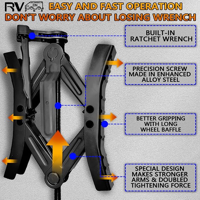 RV Wheel Chock Stabilizers,Heavy Duty Camper Tire Chock Stabilizers,Travel Trailers Wheel Chock Scissor 2 Sets with Built-in Wrench and Password Locks no Key Required (Black)