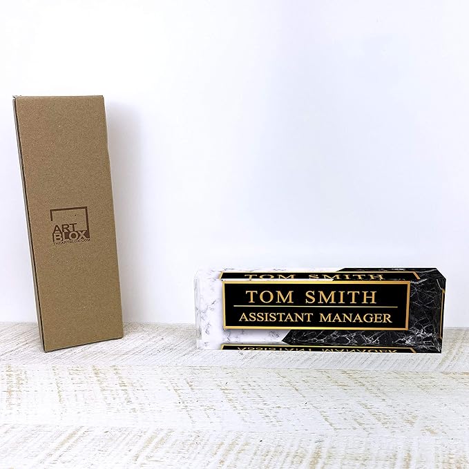 Artblox Office Desk Name Plate Personalized | Black & White Marble Design Printed On Clear Acrylic Glass | Custom Name Plates for Desks | Office Desk Decor - (8" x 2.5")