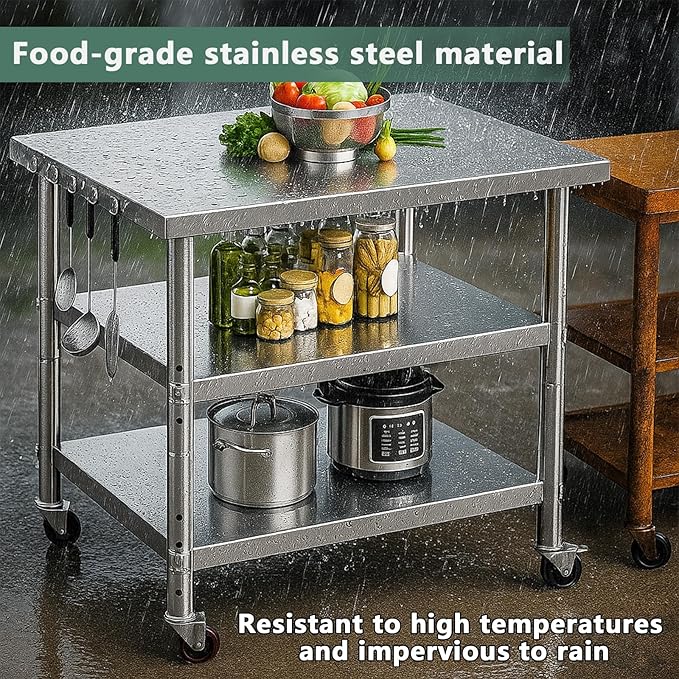 Stainless Steel Table with Wheels for Food Preparation and Work, Multi-Size Optional, Three-Layer Variable Two-Layer Metal Commercial Workbench Outdoor, Restaurant, Kitchen (60" Lx24 Wx34 H)