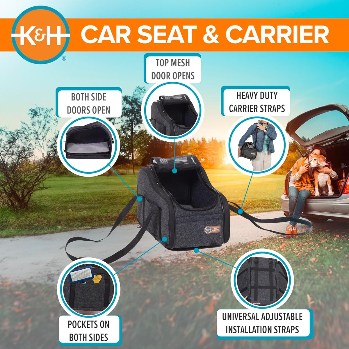 K&H Pet Products Center Console Dog Car Seat for Small Dogs & Cats, Secure Armrest Booster Pet Carrier with Safety Tether, Zippered Enclosure, 2 Pockets, Washable Plush Pad, for Pets Under 8 lbs