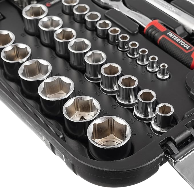 INTERTOOL Metric Socket Set 1/4” & 1/2” Drive 73-Piece 10-27 mm - for Auto Mechanics & DIY - Quick Release Ratchets, Bits, Adapters, Hard Case - Tool Gift - ET08-8073