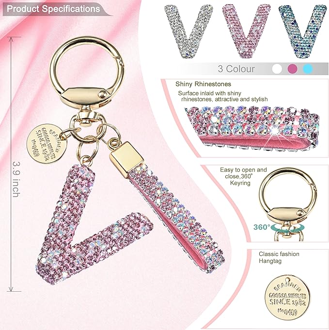 Pink Blue White Initial Letter Keychain Gift for Women Girls Bling Sparkly Cute Backpack Car Key Accessories Lanyard
