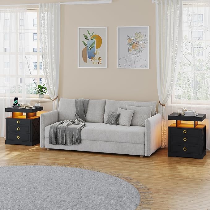 HNEBC Night Stand Set 2 with Gun Drawers, LED Farmhouse Nightstand with Charging Station, Smart End Table with 3 Colors Auto Lights, Bedside tabel with Hidden Compartment,Bedroom Set-Black