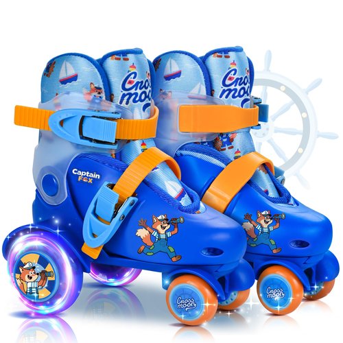 Adjustable Beginner Skates for Kids – Light-Up Wheels, Fun Tractor Design for Girls, Boys, Toddlers (Captain Fox, X-Small (6.5C–10C US))
