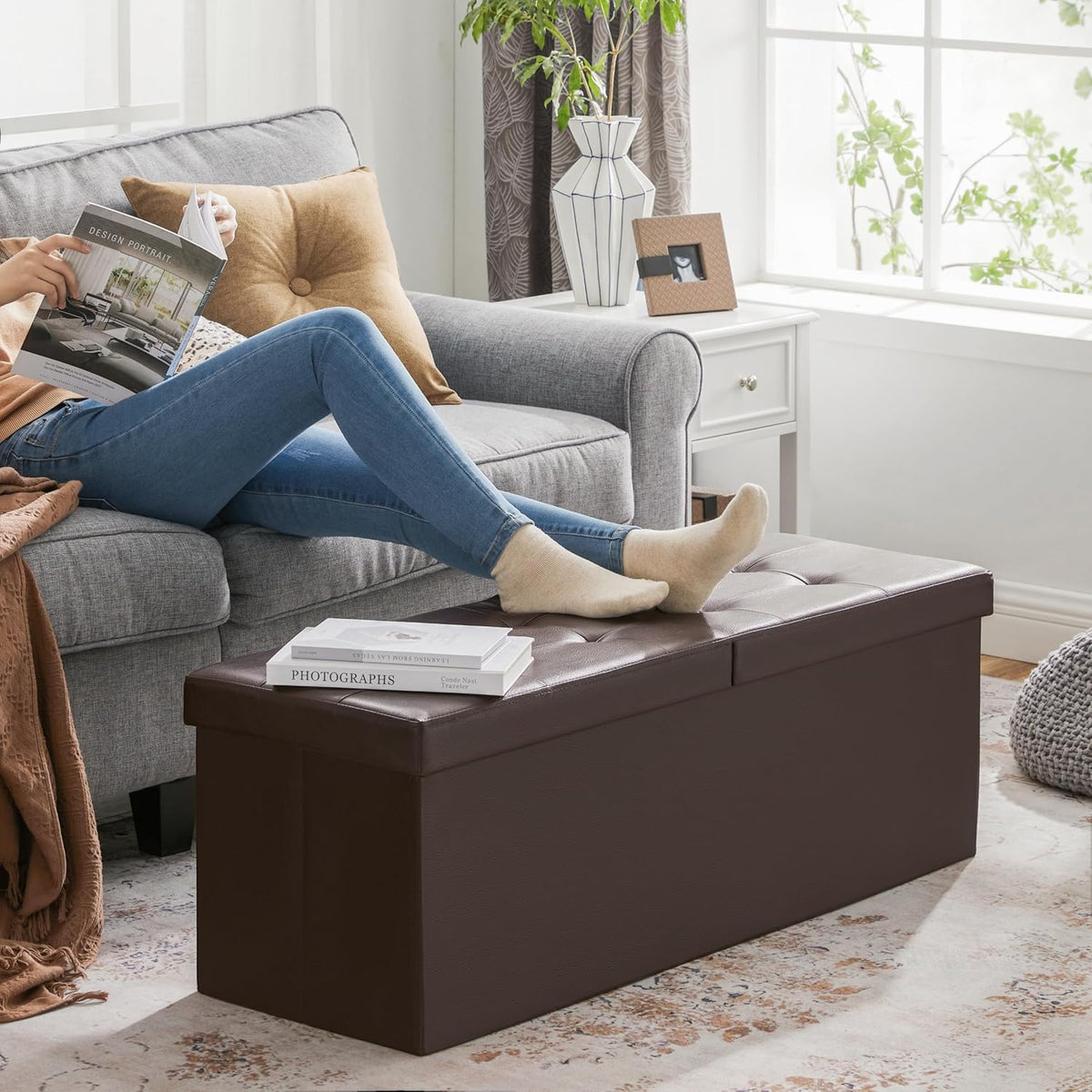 SONGMICS 43.3 Inches Folding Storage Ottoman Bench with Flipping Lid