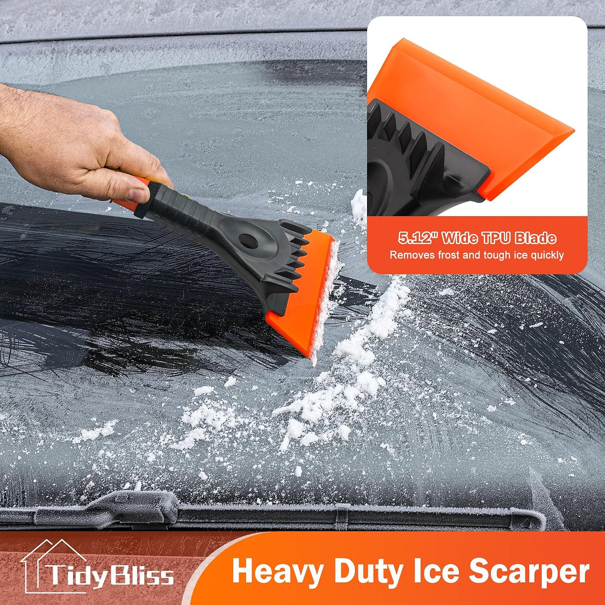 TidyBliss Ice Scraper for Car Windshield, 5 inches Wide TPU Blade, Frost Remover with Ergonomic Foam Grip for SUV Truck Glass Window (Orange)