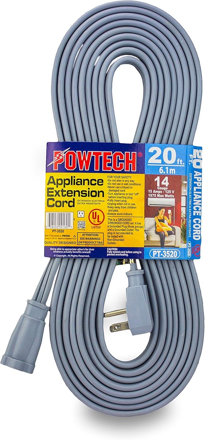 Heavy Duty 20 FT Air Conditioner and Major Appliance Extension Cord UL Listed 14 Gauge, 125V, 15 Amps, 1875 Watts Grounded 3-PRONGED Cord