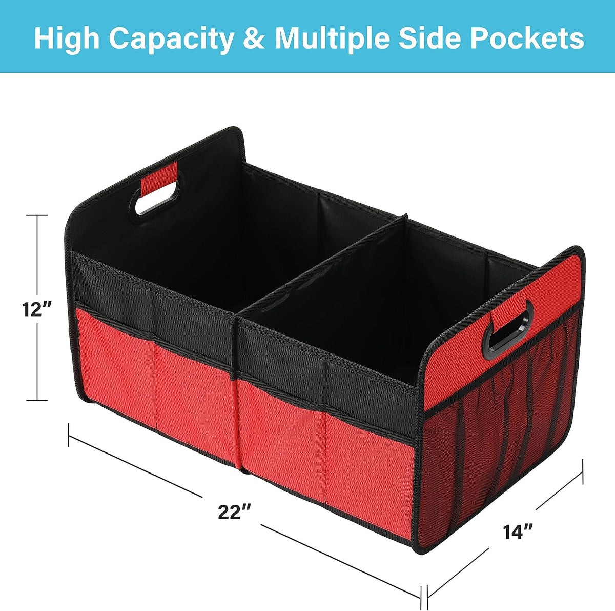 Simple Deluxe Car Trunk Organizer, Anti-slip Design, Made of Waterproof 600D Oxford Polyester, 2 Compartments Collapsible Trunk Storage, Suitable for SUV, 14" D x 22" W x 12" H, Red
