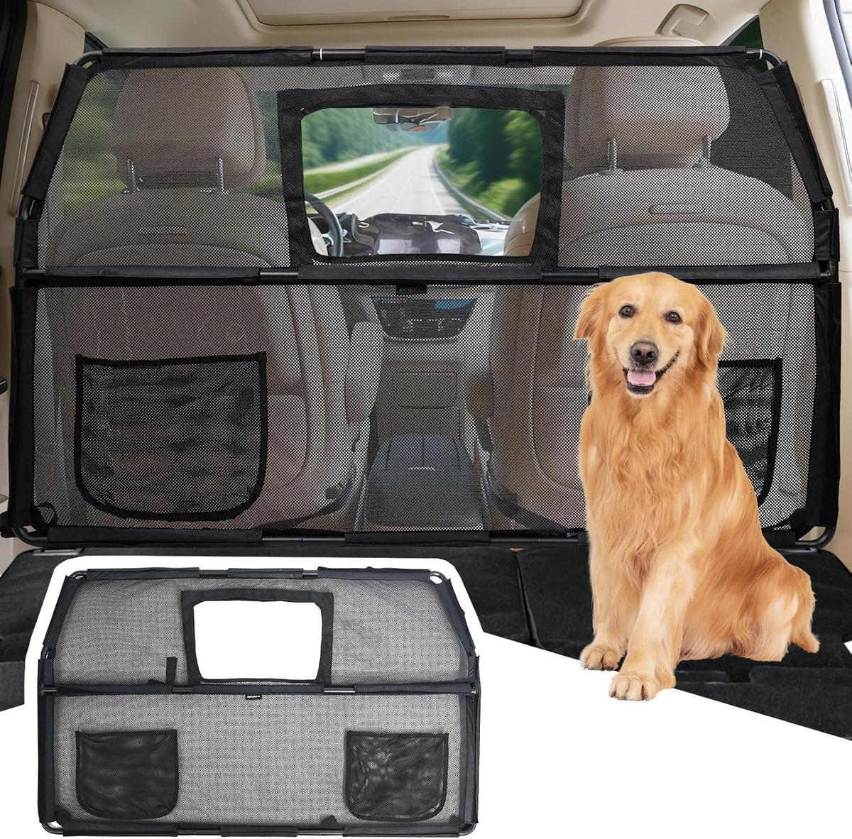 52" Dog Car Barrier for SUV, Wide Escape-Proof & Chew-Proof Dog Car Divider with Removable Visual Window & 2 Storage Pockets, Pet Net Gate for Behind Front Seats, Fits Sedans Cars Trucks