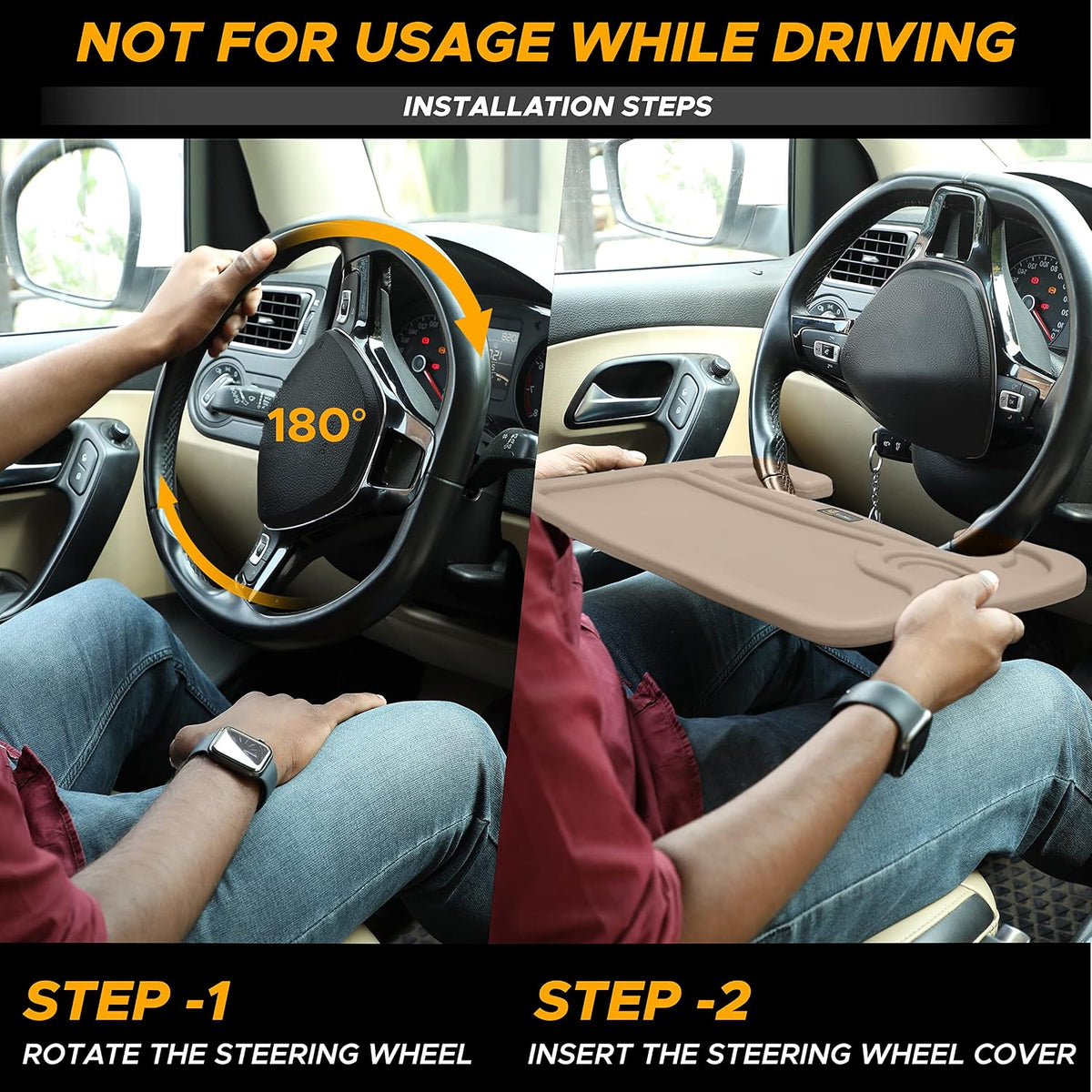 EcoNour 2 in 1 Car Steering Wheel Tray (Beige) | Car Tray for Laptop