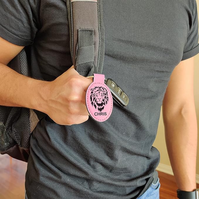 LaserGram Oval Keychain, Palm Trees, Personalized Engraving Included (Pink)