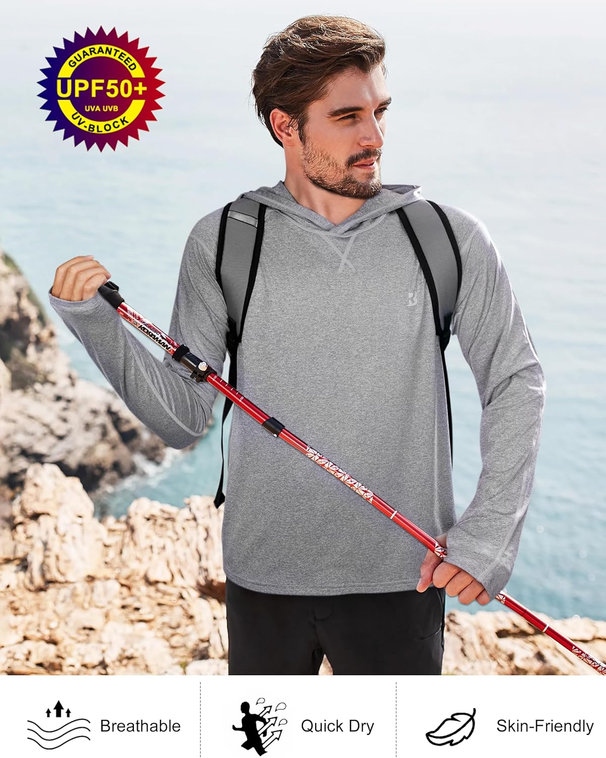 Roadbox Men's Fishing Shirt - UPF 50+ Long Sleeve UV Protection Hoodie for Hiking & Running