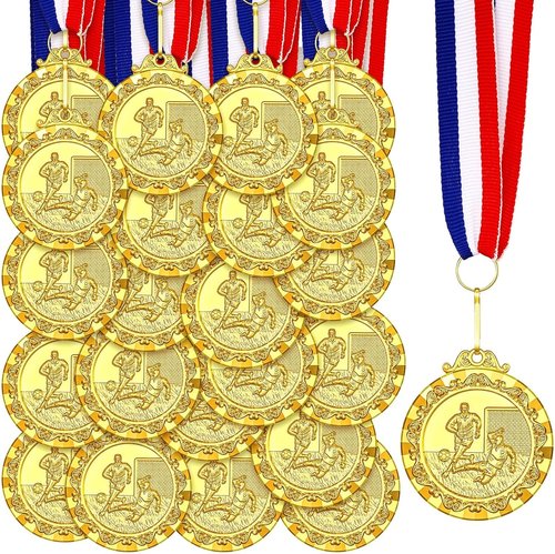 Misdary 36 Pcs Soccer Award Medals - Gold Trophies with Red, White & Blue Stripes Ribbon for Kids
