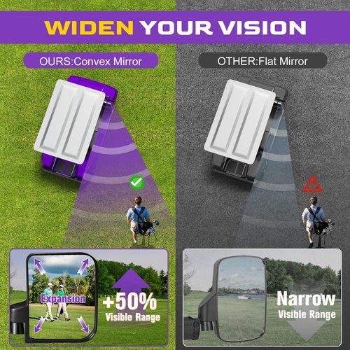 Golf Cart Side Mirrors, No Drilling Golf Cart Rear View Mirrors Universal for Club Car EZGO YAMAHA, Folding Golf Cart Mirrors with Multiple Size Clips, HD Shatterproof Glass Durable Anti-Shudder