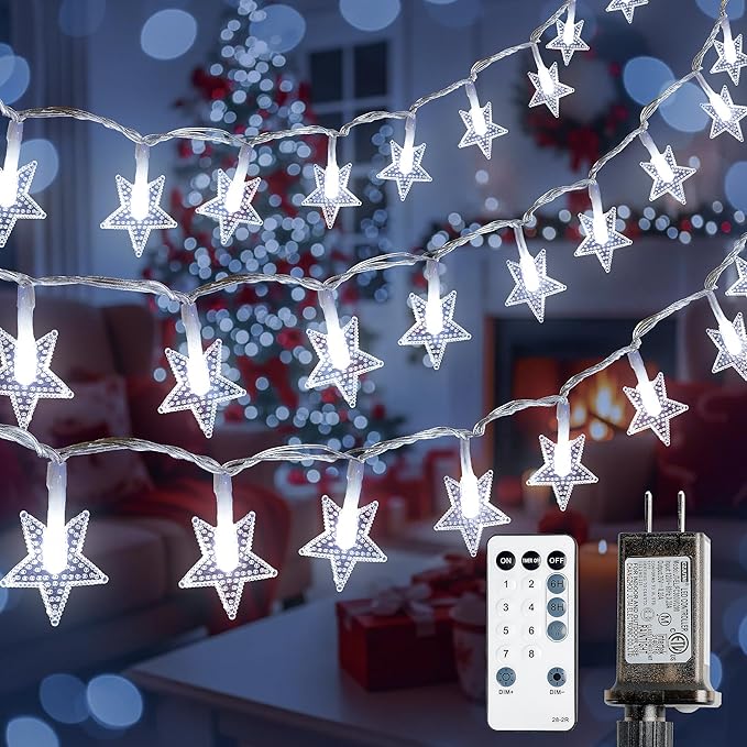 Star String Lights Plug in,33ft 100LED Fairy Lights with Remote, Hanging Star Decorations Lights Waterproof for Indoor Outdoor Bedroom Classroom Dorm Kids Tent Party Decor,White