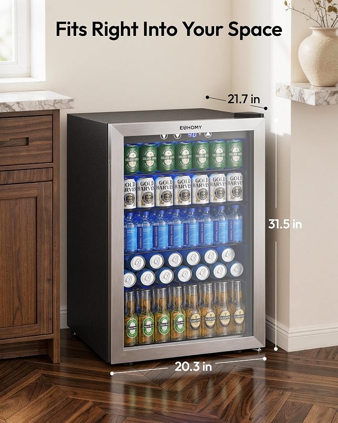 EUHOMY 4.5 Cu.ft Beverage Refrigerator and Cooler, 145 Can Mini fridge with Glass Door for Soda Beer Wine, Small Drink Dispenser with Digital Adjustable Thermostat for Home Office Bar