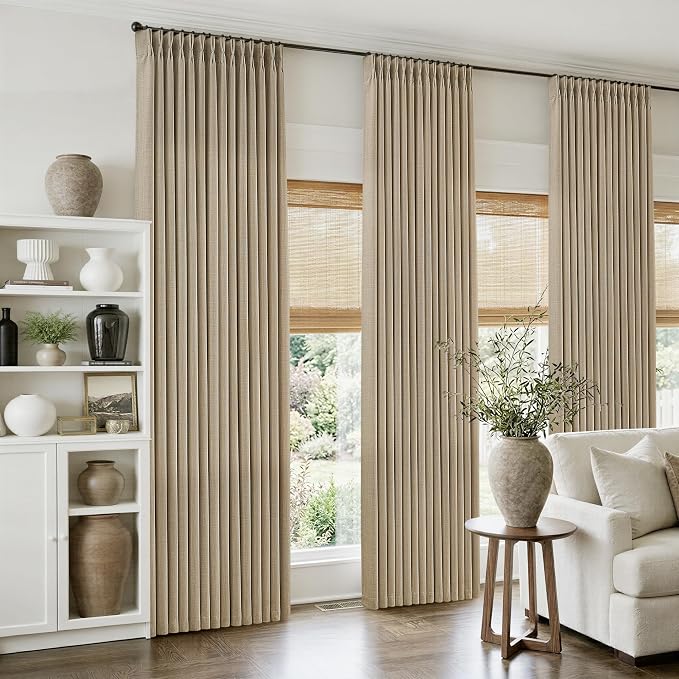 Linen Pinch Pleated Curtains 90 Inches Long 4 Panels Set, Burlywood Birch