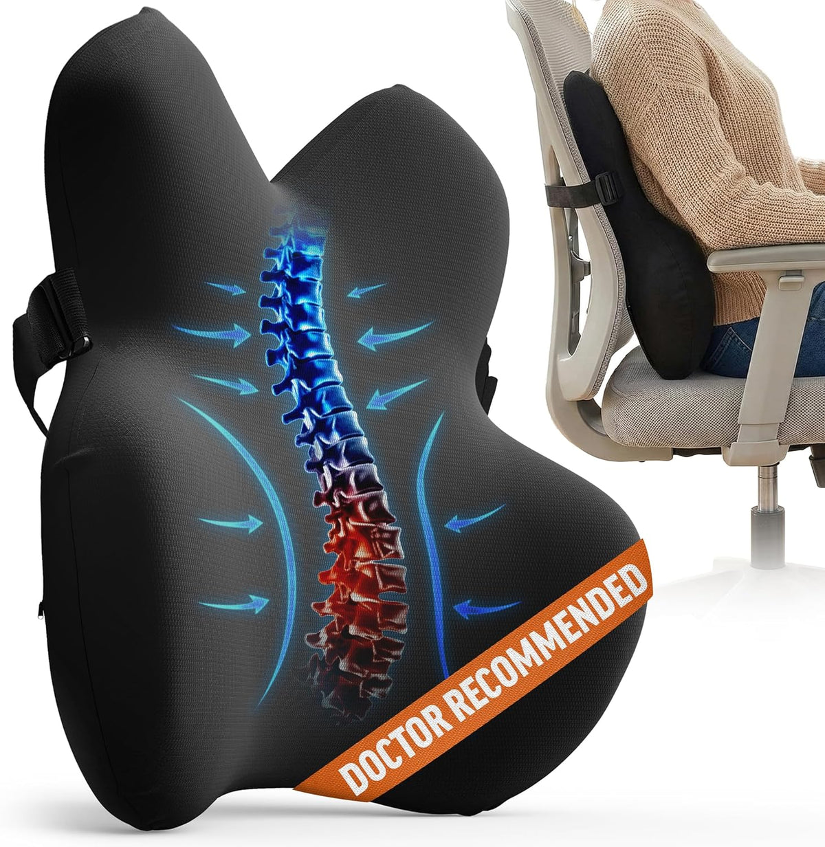Everlasting Comfort Lumbar Support Pillow for Office Chair - Memory Foam Back Cushion for Car Seat - Promotes Better Posture, Back Pain Relief - Ideal Gaming and Desk Chairs Work and Home Essentials
