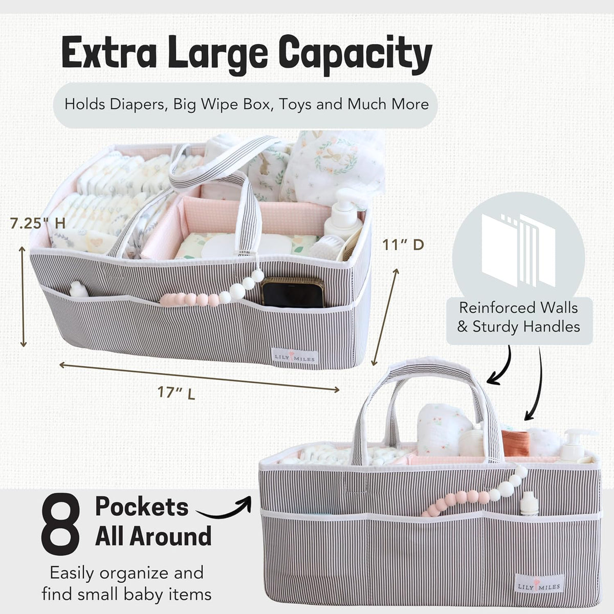 Lily Miles Baby Diaper Caddy - Organizer Tote Bag for Baby Girl Essentials - Baby Shower Basket - Nursery Must Haves - Registry Favorites - Newborn Caddie Car Travel - Gray/Blush, Extra Large