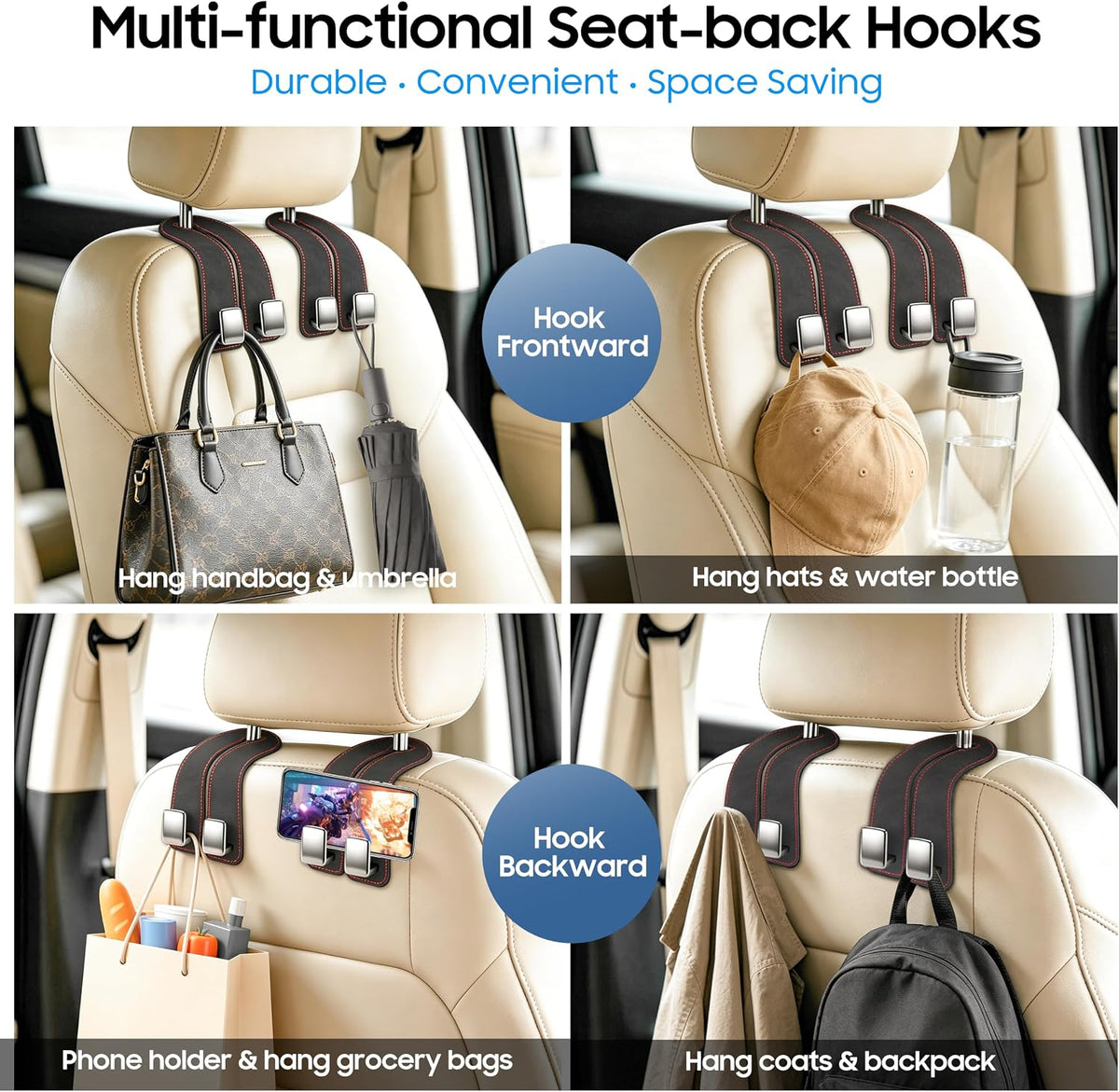 Amooca Car Headrest Hooks 4-Pack Suede Seat Organizer with Metal Core