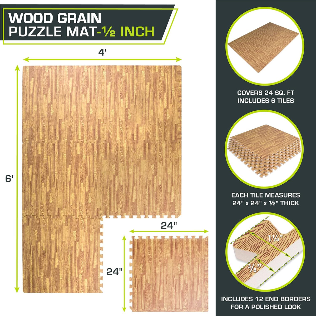 ProsourceFit Wood Grain Puzzle Mat - ½-Inch EVA Foam Interlocking Floor Tiles | 24 Sq Ft Indoor Workout & Playmat