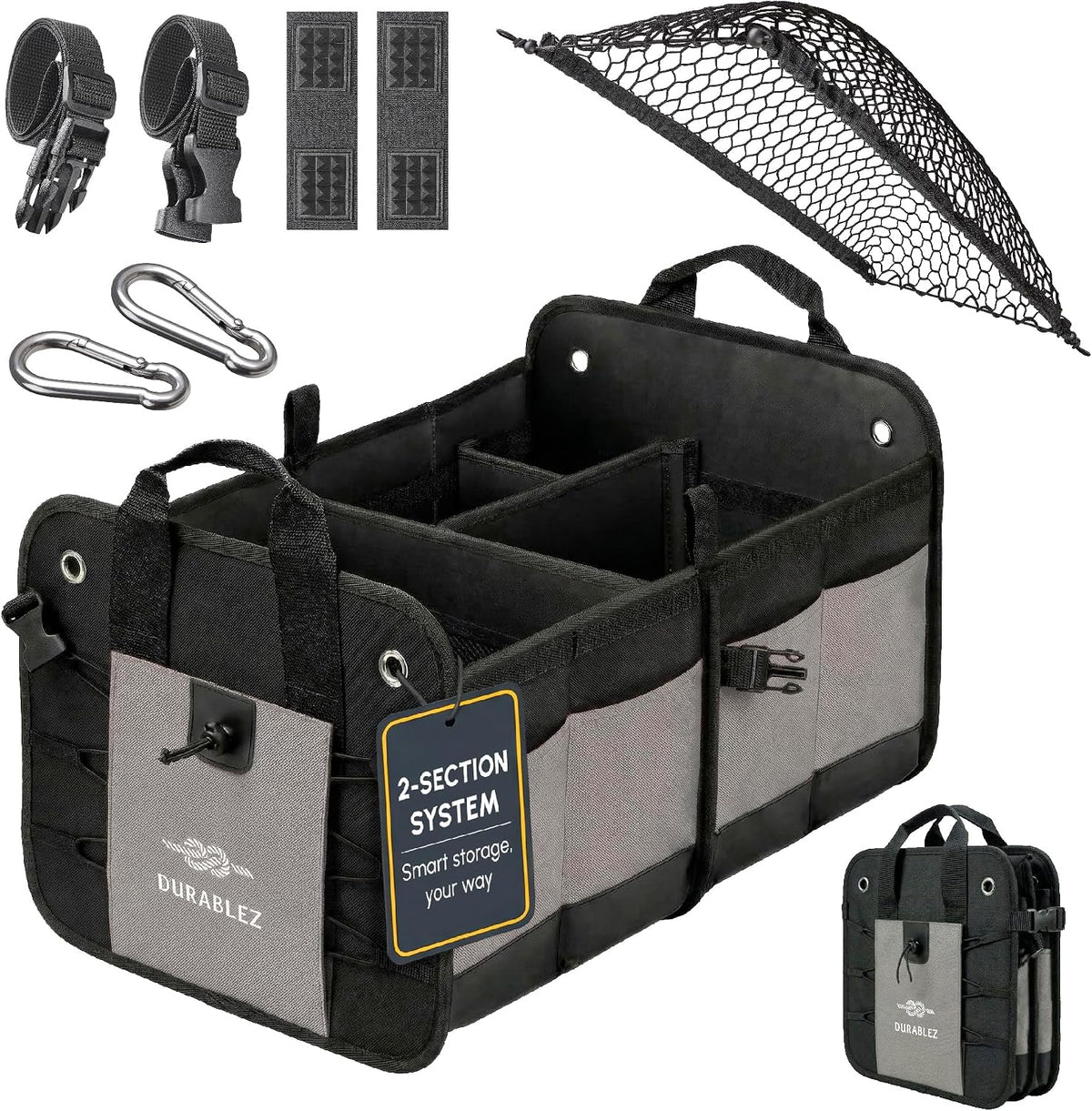 Compact Car Trunk Organizer 2-Section – Grocery, Tools, Cleaning Supplies Storage – Foldable Dual-Compartment Cargo Bin with Cover Net – Gray