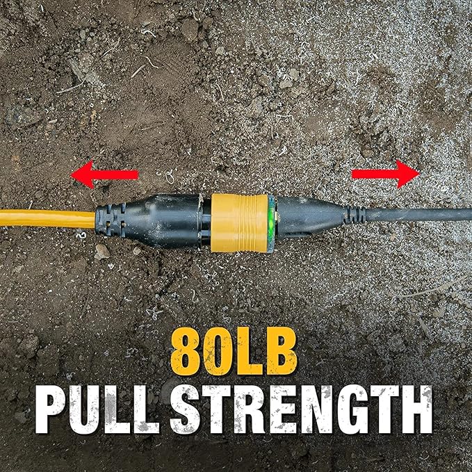 DEWALT 25 Foot Extension Cord Lighted Click-to-Lock 10/3 SJTW - Heavy Duty Outdoor, Waterproof, Weatherproof, Heat & Corrosion Resistant Industrial Strength Light Up Three Prong Outlet Plug Power Cord