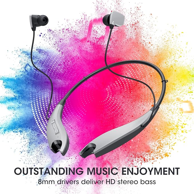 Neckband Bluetooth Headphones, 24H Playtime, Noise Isolation, Silver | Around The Neck Headphones Shark Jaw Design, Bluetooth Headsets with Call Vibration, Earbuds Built-in Mic/IPX7 Waterproof