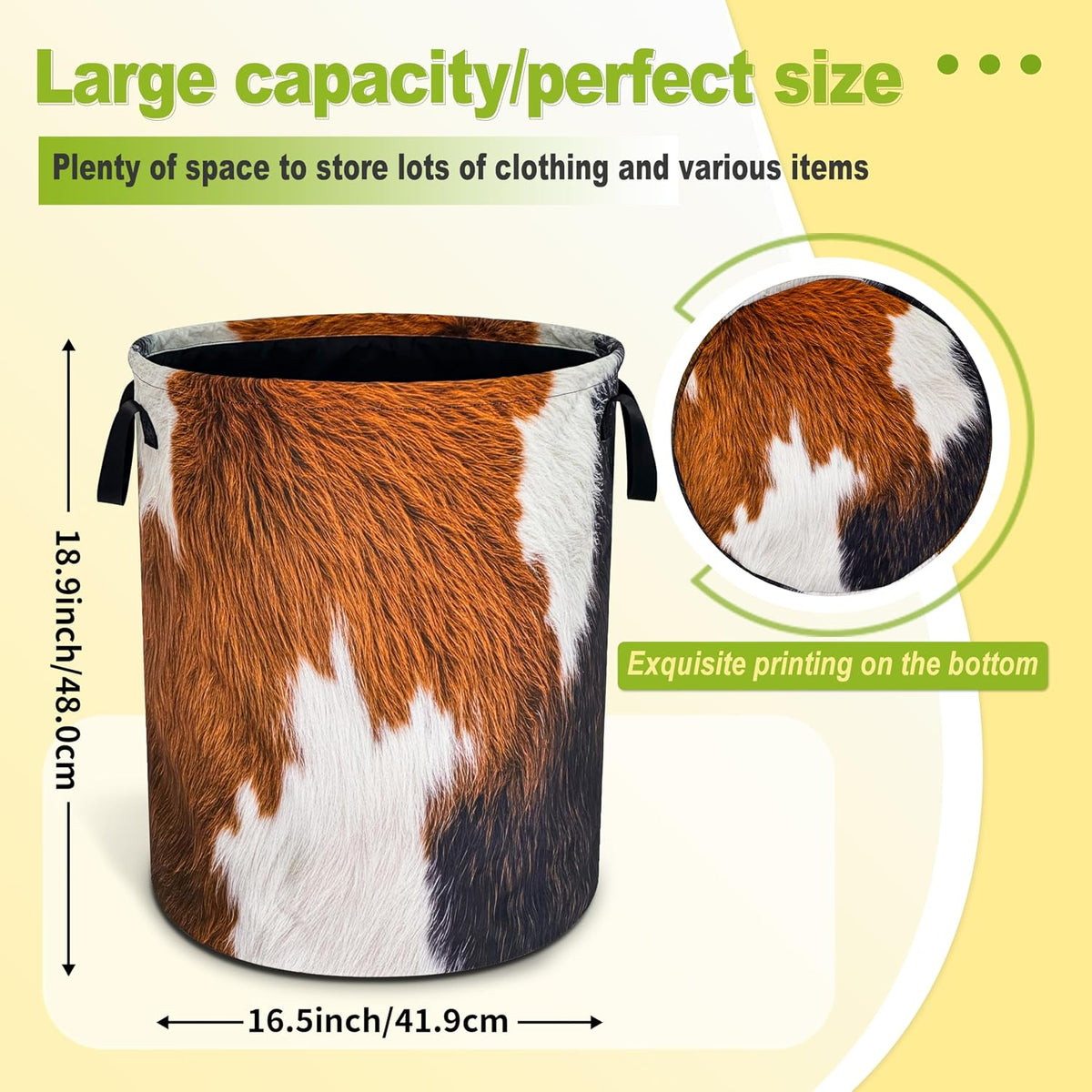 Brown Cow Skin Hair Laundry Basket Foldable Waterproof Hamper 18.9x16.5 In