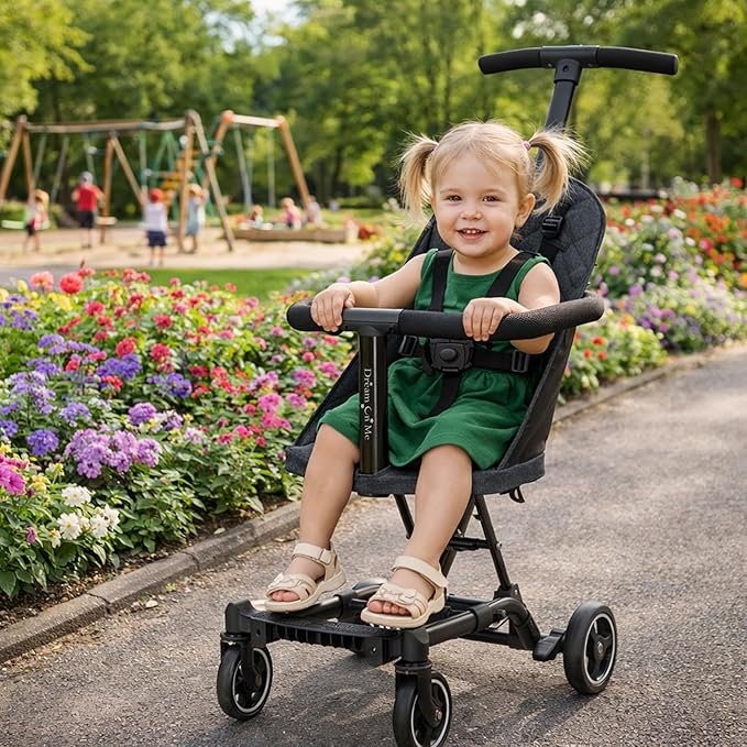 Dream On Me Coast Rider Travel Stroller, Lightweight & Compact Baby Stroller, Theme Park Approved, Book-Folding Design, Adjustable Handle, Soft-Ride Wheels, Converts to Rider & Scooter - Black
