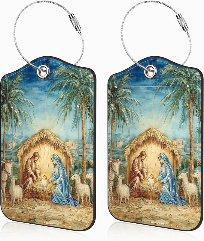2 Pcs Nativity Scene Luggage Tags for Suitcases PU Leather Baggage Tags Name ID Label with Privacy Cover and Stainless Steel Loop for Men Women Travel Bag Suitcase