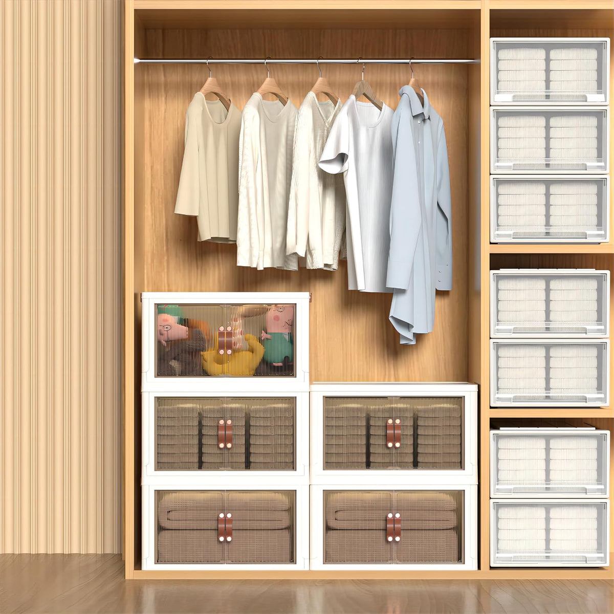 Collapsible Storage Bins with Lids - Stackable Plastic Closet Organizers for Clothes, and Home Organization White (4 rack, 30 Gal/rack)