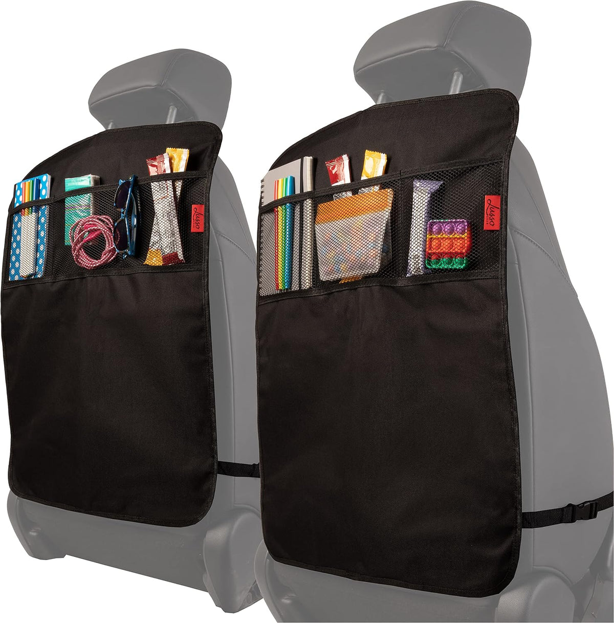 Lusso Gear Kick Mats (2 Pack) - Car Seat Back Protectors, Premium Waterproof Fabric, Reinforced Corners to Prevent Sag, and 4 Mesh Pockets for Large Storage (Gray)