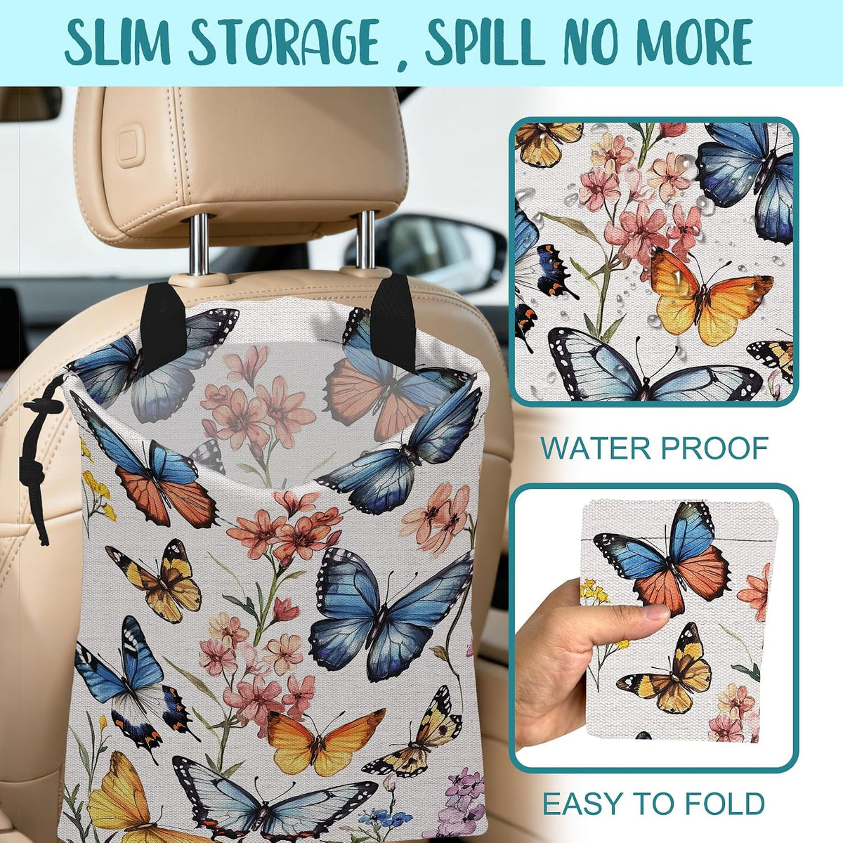 Car Trash Bag Colorful Butterfly Floral Leak-Proof Car Garbage Bag with Drawstring Foldable Canvas Trash Bin with Adjustable Buckle for Car Accessories, Travelling, Camping