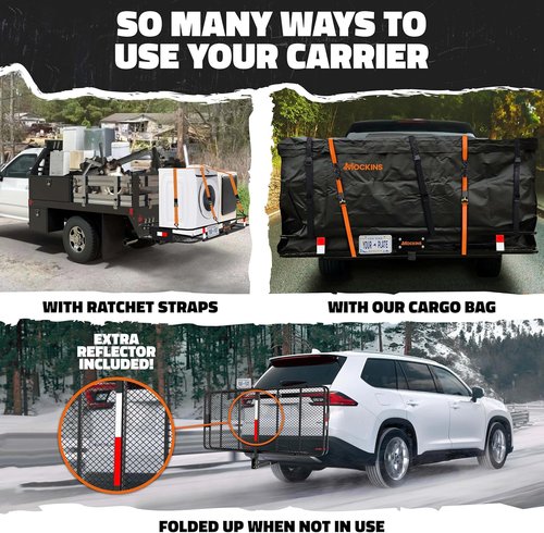 Mockins XXL Folding Trailer Hitch Cargo Carrier - 500 Lbs Capacity | All-Weather Steel Rack with Waterproof Bag & Accessories