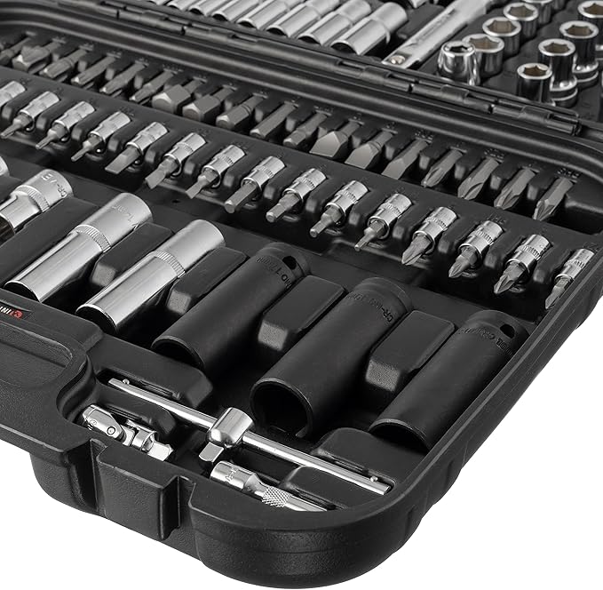 INTERTOOL Metric Socket Set 1/4” & 1/2” Drive 111-Piece 4-32 mm - 3pc Impact Sockets Cr-Mo - Quick Release Ratchets, Extensions, Adapters, Bits, Screwdriver, Hard Case - Tool Gift - ET08-8111