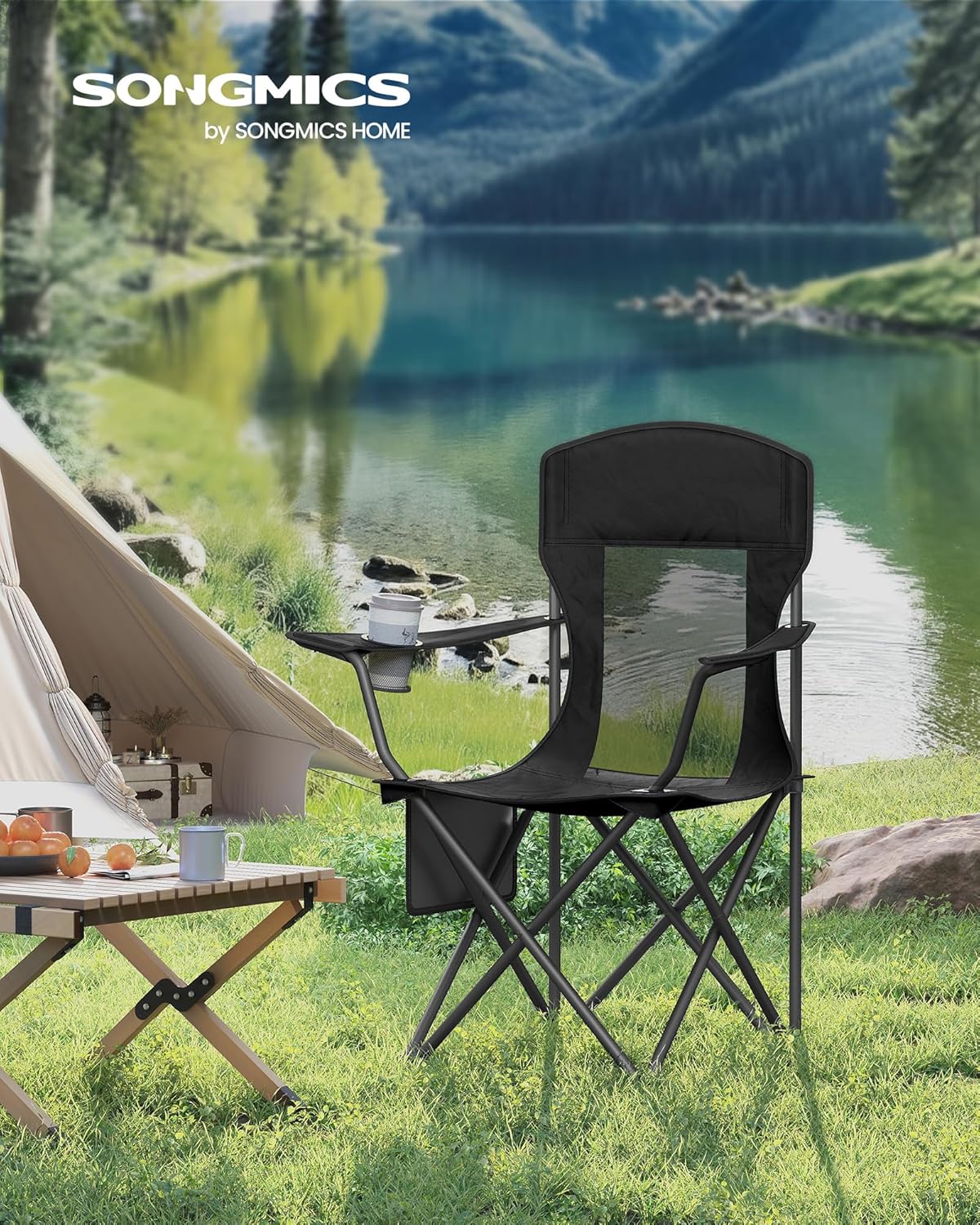 SONGMICS Foldable Camping Chairs - Breathable High Back Design with Adjustable Armrests & Drink Holder | Set of 2, Ink Black, 330 lb Capacity