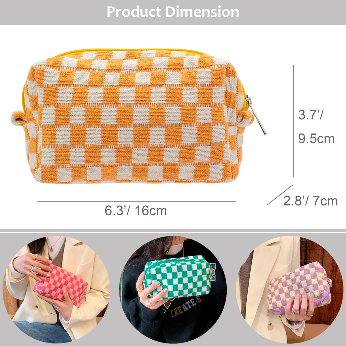 Checkered Makeup Bag for Purse, Small Travel Cosmetic Pouch,Orange,6 Pack