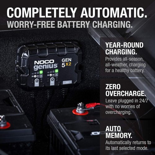 NOCO Genius GEN5X2 Onboard Battery Charger - 2-Bank, 10A, Waterproof 12V Marine Charger for Lead-Acid & Lithium Batteries