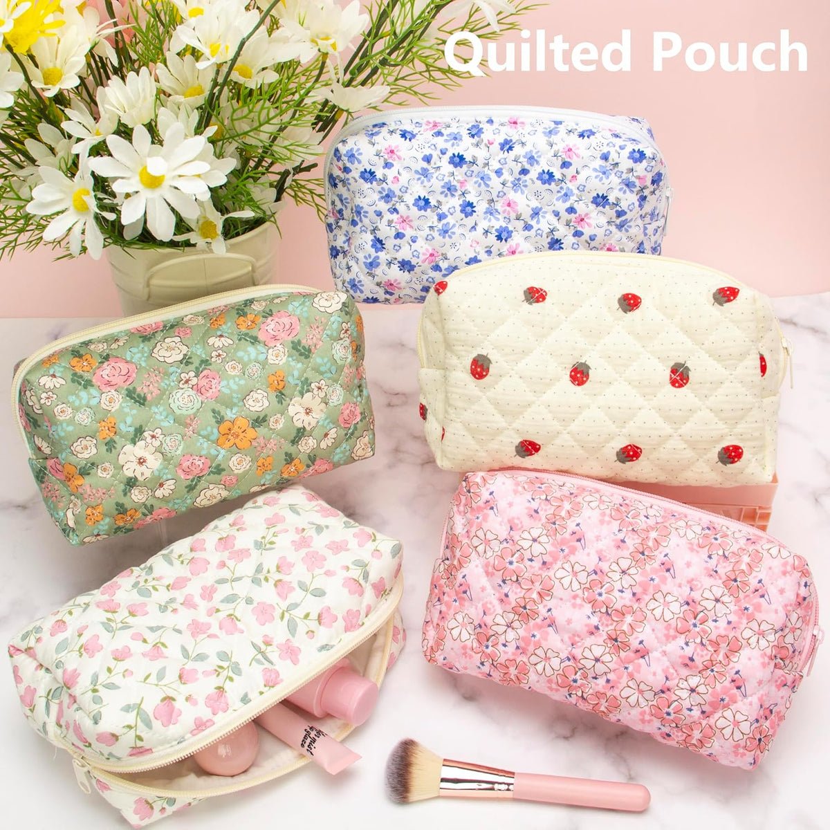 Small Quilted Makeup Bag,Zipper Cosmetic Pouch,Gauze Strawberry,6 Pack