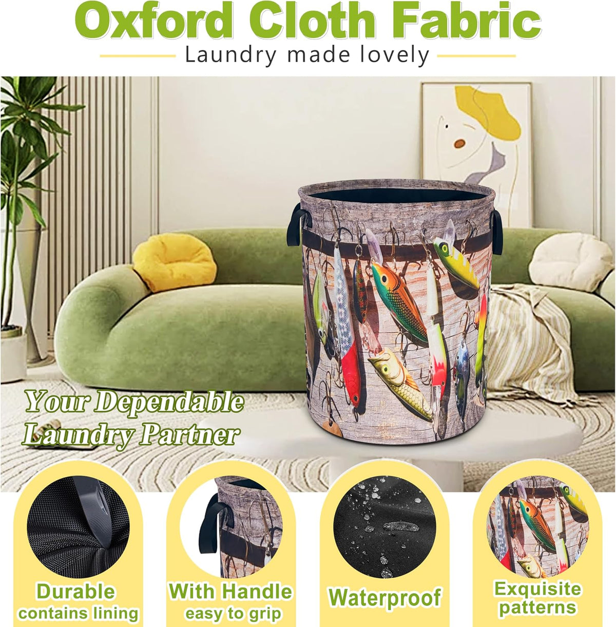 Fishing Fish Laundry Basket Foldable Waterproof Hamper 18.9 x 16.5 Inch
